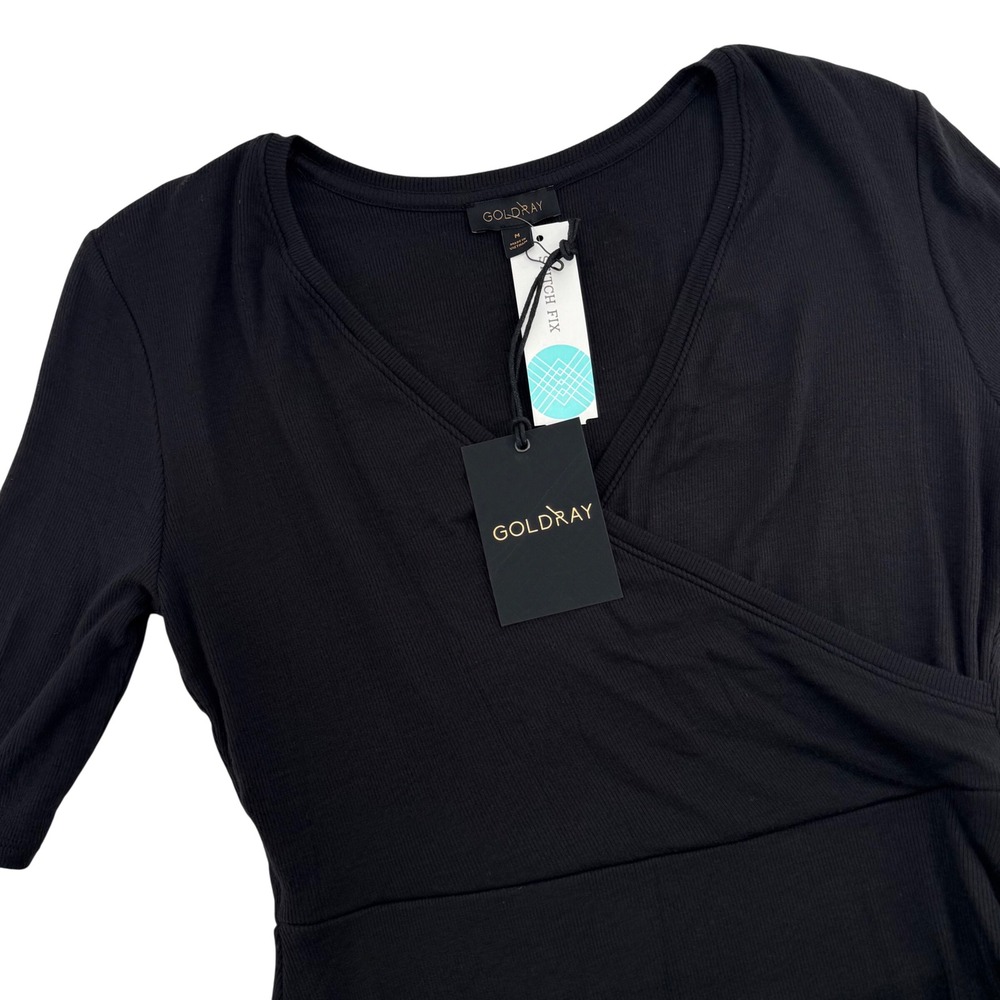 Goldray Blaise Ribbed Knit Dress Black Wrap‎ Midi Asymmetrical Women's M NEW